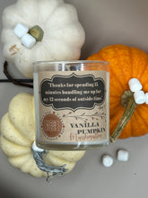Load image into Gallery viewer, Vanilla Pumpkin Marshmallow 9oz Soy Candle -- &quot;Thanks for spending 15 minutes bundling me up for my 12 seconds of outside time.&quot;
